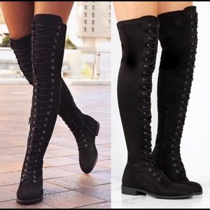 Black suede cross strap thigh high boots